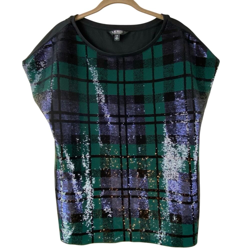 Lauren Ralph Lauren Plaid Sequin T-shirt Size L Preppy Party Holiday